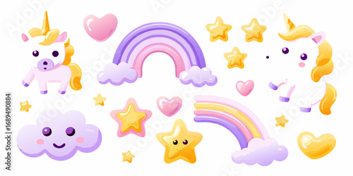 Charming collection of cute cartoon unicorns rainbows clouds and stars in pastel colors