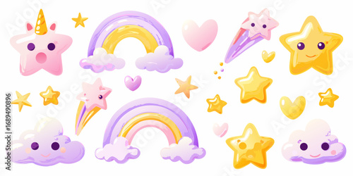 Collection of cute kawaii style unicorn stars rainbows clouds and hearts for kids
