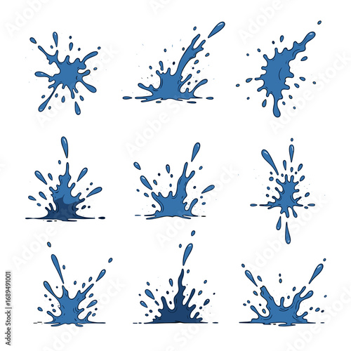 Collection of artistic blue liquid splashes and water droplet effects for dynamic design elements
