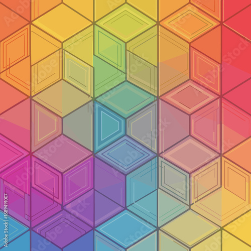 Abstract geometric pattern featuring a colorful gradient of hexagonal cubes with outline details