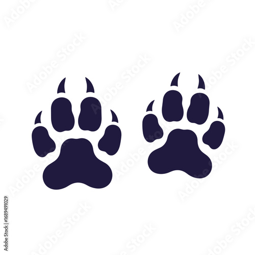 Two navy blue stylized animal paw prints isolated on a white background for design