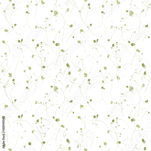 Delicate botanical watercolor pattern with tiny scattered green buds and trailing organic lines on a clean white background