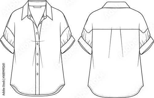 Short sleeve button down shirt, turned-up cuffs, front and back view, classic collar, fashion sketch, cad drawing flat vector illustration