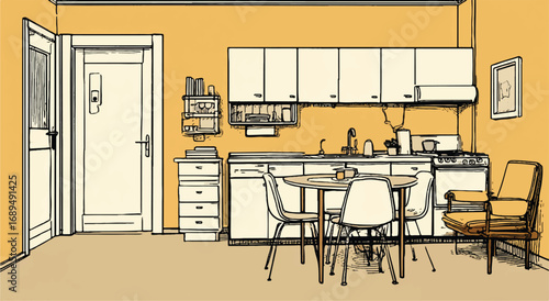 Retro Kitchen Interior with Dining Table Chairs and Appliances Warm Toned Design Illustration