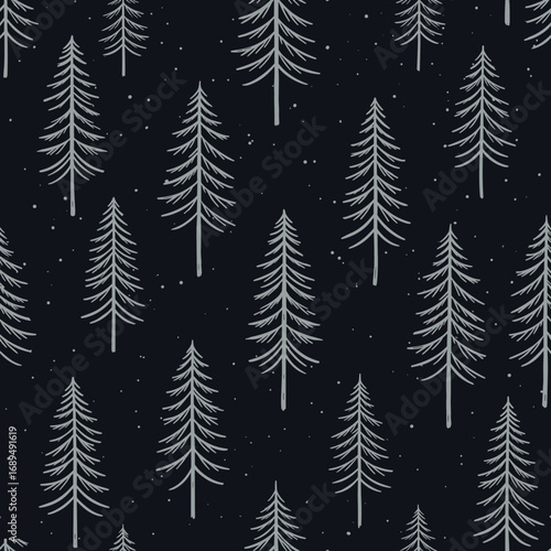 Enchanting forest pattern of delicate white evergreen trees against a starry night sky