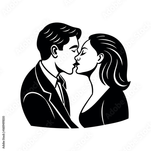 Romantic moment depicted in black and white with a loving couple kissing