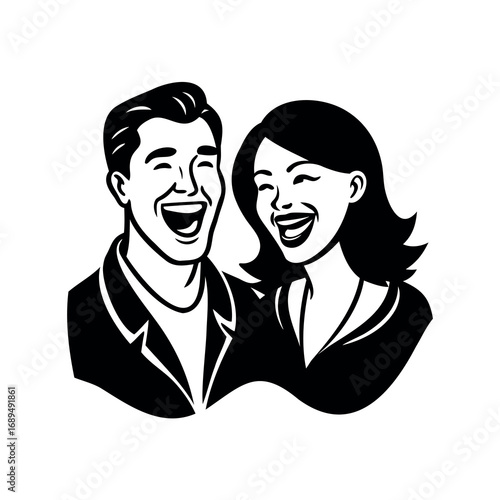 Monochrome Illustration of a Laughing Couple Embracing Each Other in Joy