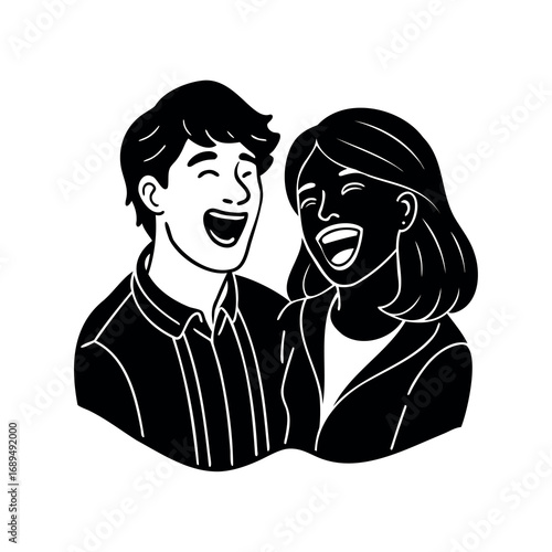 A joyous black and white illustration of a laughing couple sharing a moment