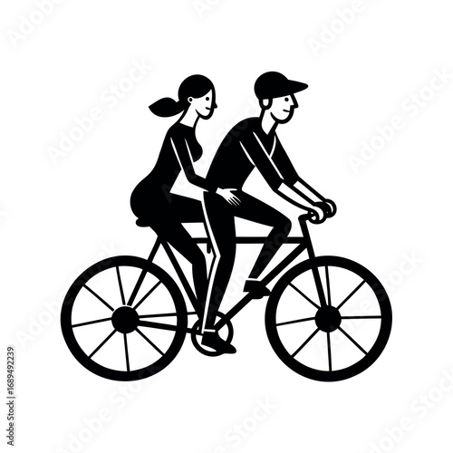 Black and white vector illustration of a couple riding a bicycle together