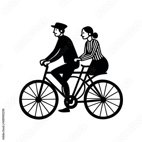 Silhouette of a couple riding a tandem bicycle in black and white