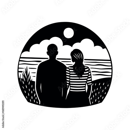 A couple stares at the ocean in monochrome illustration, with clouds
