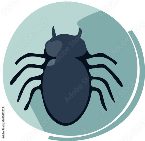 Stylized illustration of a dark blue insect with antennae, set against a light blue circle.