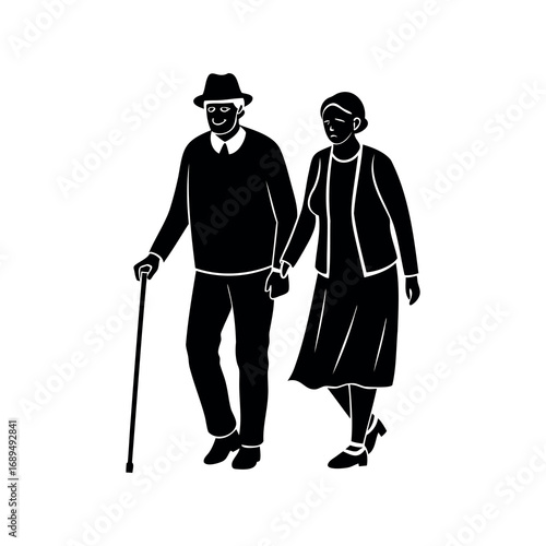 Elderly couple walking hand in hand, vector art, black and white