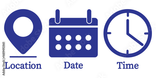 Calendar, Location pin, Clock icons. Event icon set. Address, time, date symbols vector for event planning, scheduled appointment reminders. Clock, and map icons for events. eps 10