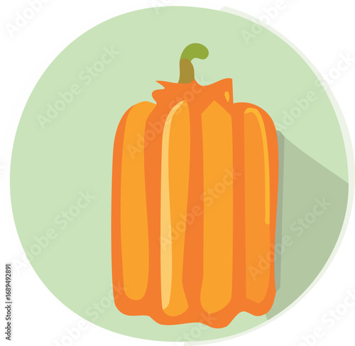 A single, ripe orange bell pepper, illustrated in a minimalist style, sits on a pale green circle.