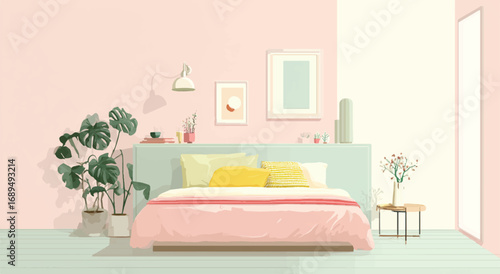 Serene Bedroom Interior with Pastel Colors a Monstera Plant and Natural Light for Relaxation and Tranquility