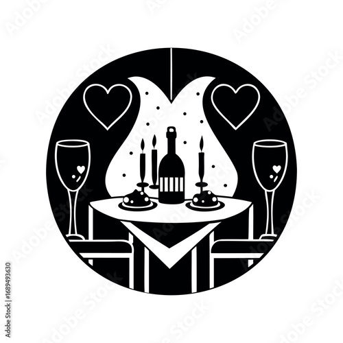 Romantic dinner for two black and white vector illustration art design