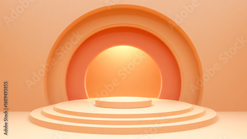 Abstract Peach Minimalist Product Display Platform:  Circular Steps, Soft Lighting, Modern Design.
