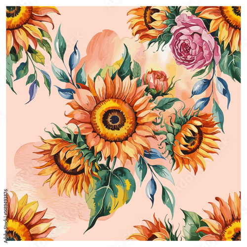 Sunflower Serenade features a vibrant seamless pattern filled with blooming sunflowers and soft pink roses, paired with lush green foliage. Set against a warm coral backdrop, the hand-painted design.