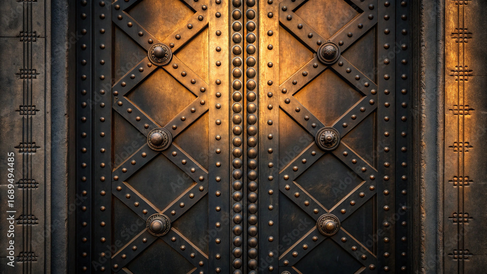 Obraz premium Ornate Riveted Metal Door with Diamond Pattern and Warm Lighting Keywords: door, metal, ornate, riveted, studded, diamond pattern