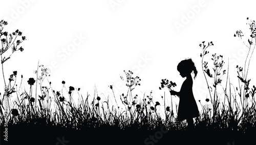 Silhouette of a little girl surrounded by wildflowers in a meadow capturing a nostalgic childhood scene full of innocence