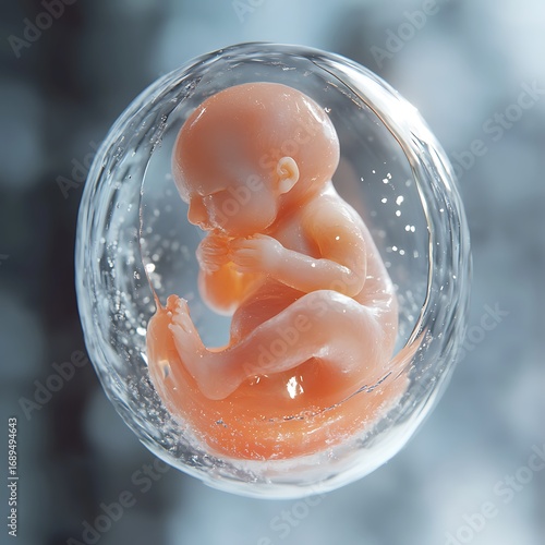 Human Fetus Floating in Amniotic Fluid with Bubbles image photo