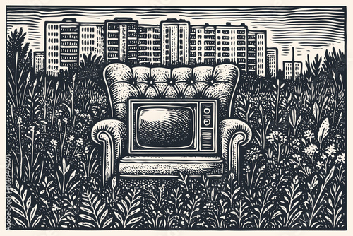 A retro TV on a classic armchair abandoned in a wildflower field. City skyline in the background. Vector illustration in a vintage woodcut print style.