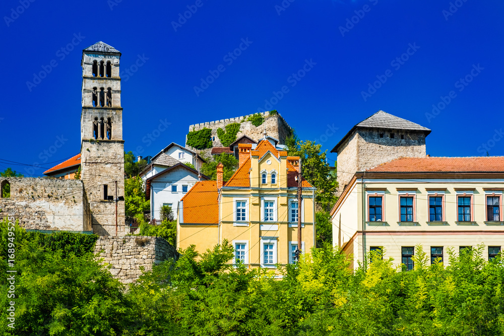 Obraz premium Panoramic view of the old town of Jajce, church tower of St Luke and fortress, Bosnia and Herzegovina 