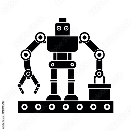 Retro robot working on an assembly line, interacting with boxes, in black and white