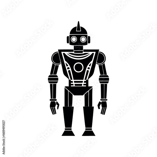 Full body black and white silhouette image of a vintage style robot
