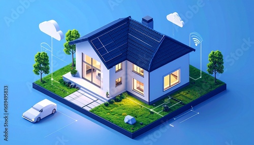 Modern two-story house with solar panels, glass windows, garden, patio, fire pit, and EV charger on landscaped plot.