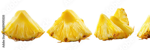 Slices of fresh pineapple, vibrant yellow flesh, triangular sections against black background