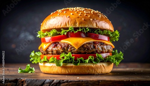 Close-up of classic cheeseburger with sesame bun, lettuce, beef patty, cheddar, tomato, and red onion on dark background.