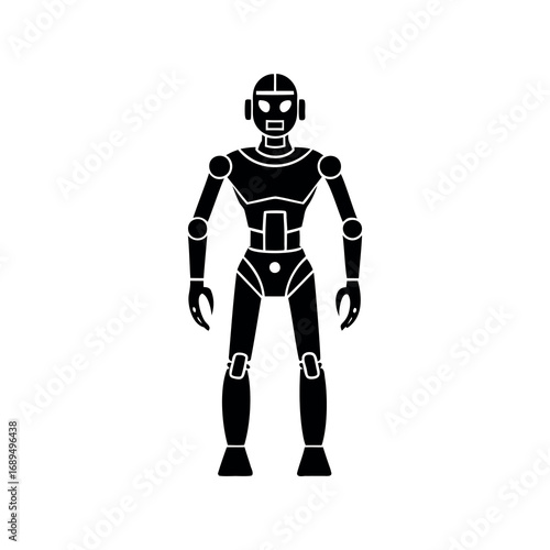 Monochrome Image Depicts a Robot with Geometric Features Standing Tall and Proud