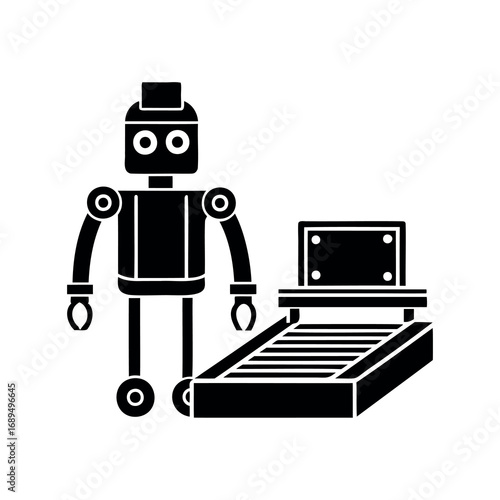 Simple robot near a conveyor belt, possibly in an automated factory