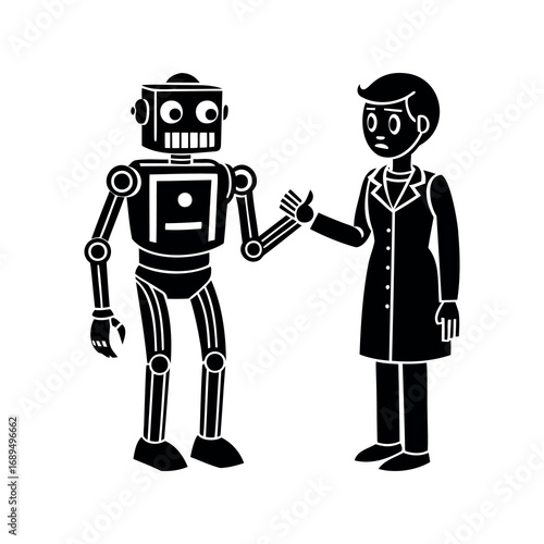 Robot and Scientist Collaborating in a Friendly Handshake with a Black Background