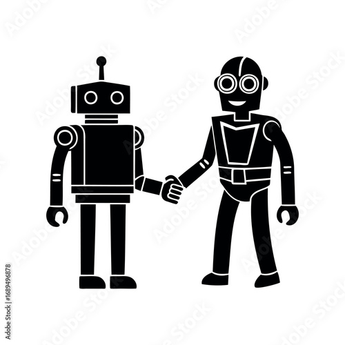 Two retro robots shaking hands in a symbol of unity and partnership