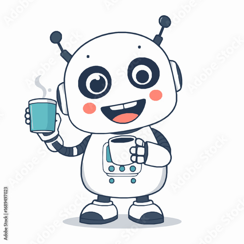 Cute Cartoon Robot Holding Two Cups of Coffee with Steam android character