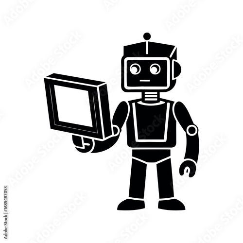 Monochrome illustration of a retrostyled robot holding a blank screen monitor