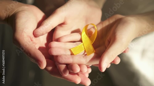 Emotional close-up of adult and child hands together holding yellow satin cancer ribbon, representing family support for sick children.