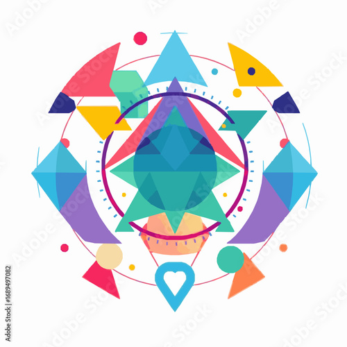Intricate abstract geometric mandala with colorful polygons and shapes on white background pattern