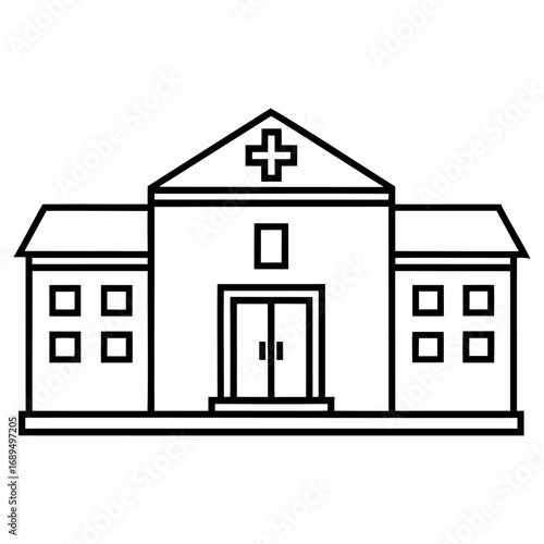 Minimalist black and white line drawing of hospital building with cross symbol