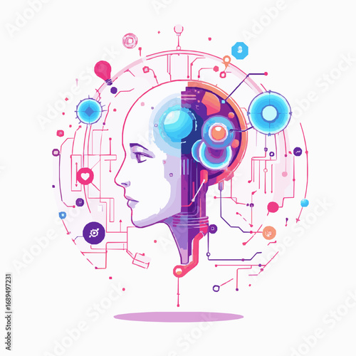 Abstract digital illustration of a human profile with robotic brain and circuitry artificial intelligence