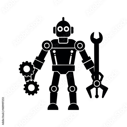 Cartoon Robot Holding Gears and a Wrench ready to do Repairs
