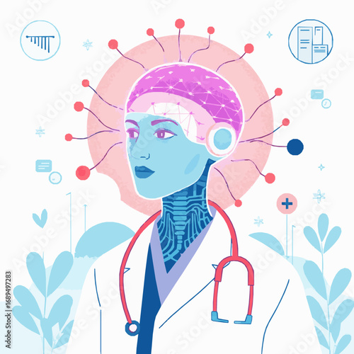 Robotic Doctor with Digital Brain and Stethoscope Surrounded by Medical Icons android physician