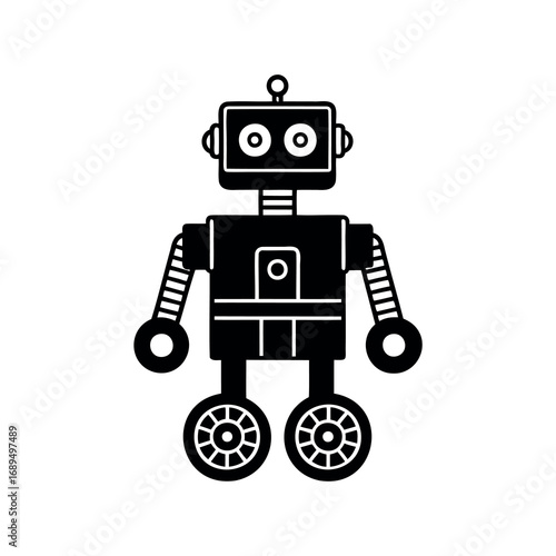 Stylized Simple Black and White Illustration of a Retro Toy Robot