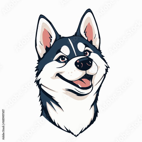 Happy husky dog face with open mouth and pink tongue on white background Keywords: dog, husky, animal, pet, canine, portrait, face, head, cartoon, illustration, cute, happy