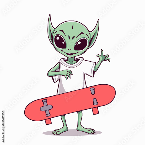 Cartoon green alien with large eyes holding a red skateboard and wearing a white t-shirt extraterrestrial