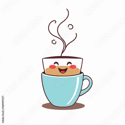 Cute cartoon coffee cup with a happy face and steam rising on a white background drink