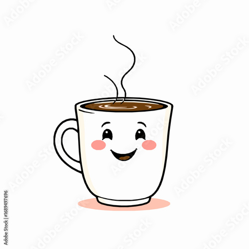 White coffee cup with a happy face and steam rising on a white background drink